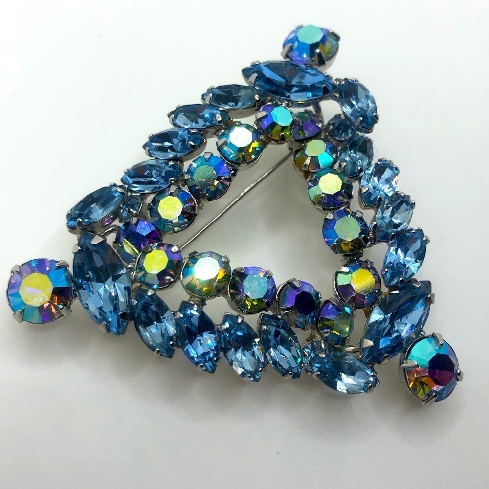 Sherman Blue AB Crystal Triangle Pyramid 3 Point Brooch 2.5” Authentic